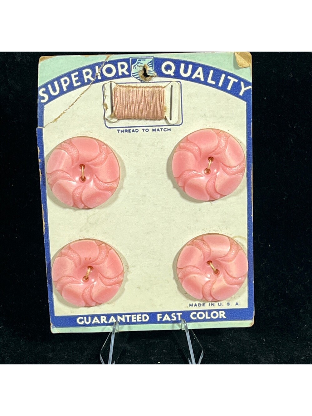 Vintage Pink Swirl Buttons with Matching Thread on Card